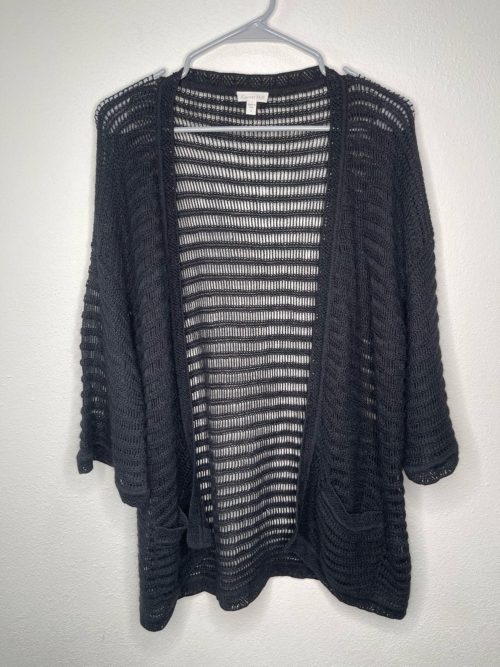 Garnet Hill Women’s 100% Baby Alpaca Open Knit Bell Sleeve Cardigan Black Large